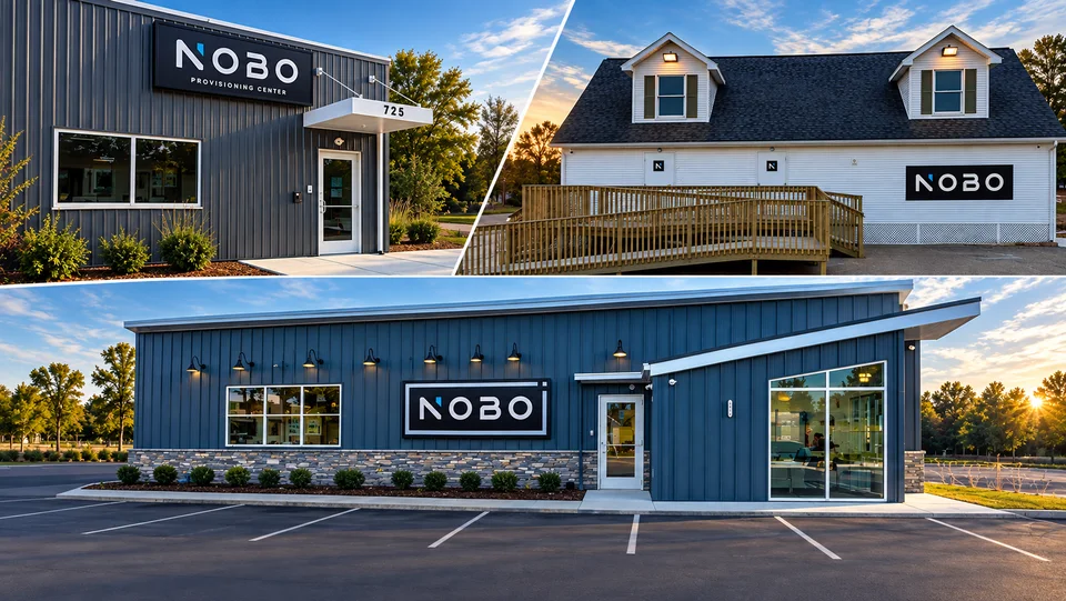 A three-panel composite of single-story retail buildings: a gray metal unit with a canopied entrance, a white gabled building with a timber access ramp, and a blue board-and-batten building with a stone base and a glazed corner. Each carries a dark storefront sign.