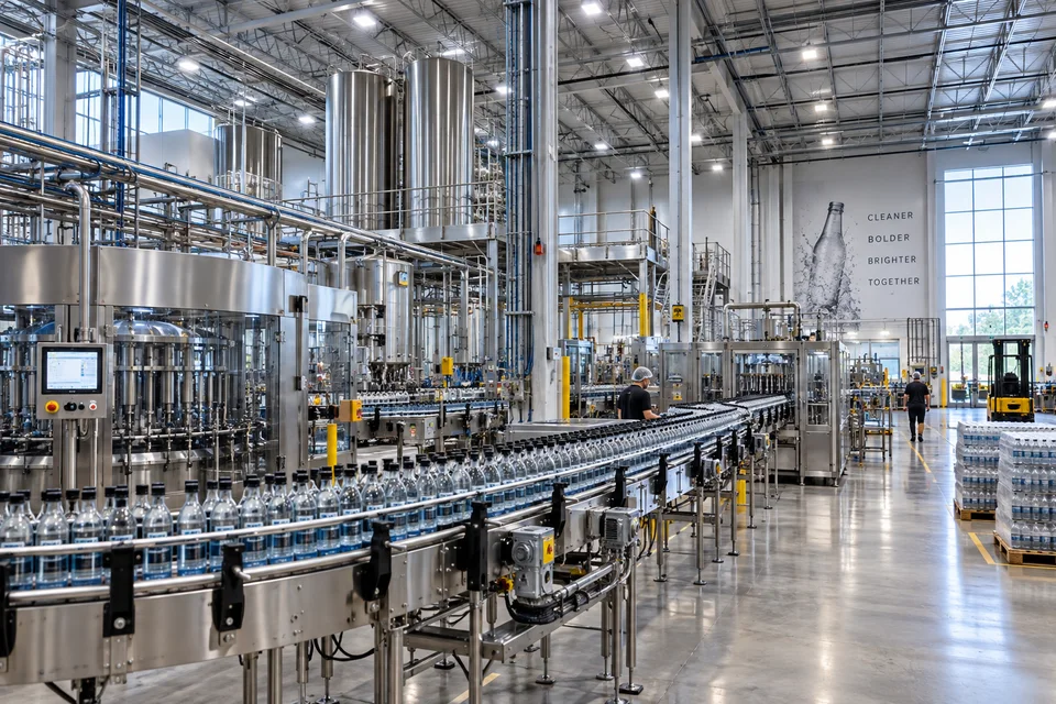 Interior of a beverage production hall, with a stainless steel filling machine and conveyors carrying clear bottles the length of the floor, tanks and pipework overhead, and shrink-wrapped pallets stacked to one side.