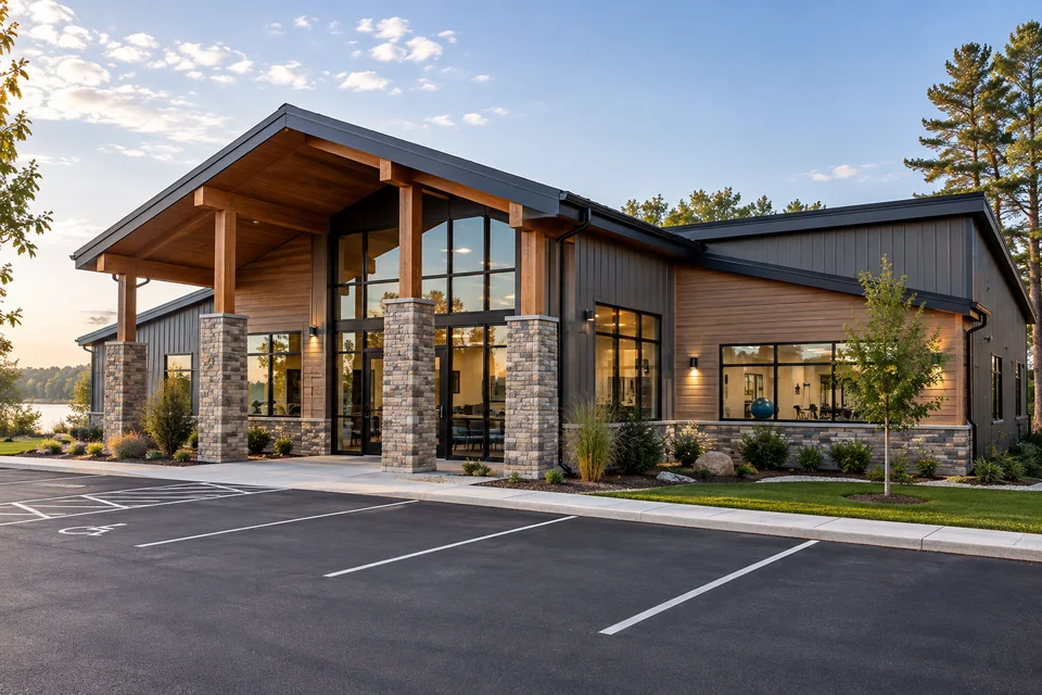 A single-story commercial building with timber posts, stone piers and a gabled canopy over a glazed entrance, water visible through the trees behind it and an empty parking lot in front.